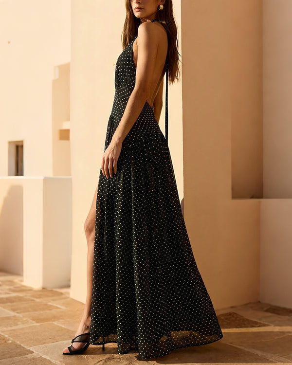 Curvvvy™ Dot Halter Neck Backless Maxi Dress with Slit