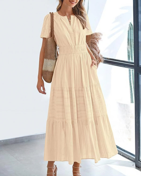 Curvvvy™ V-Neck Smocked Puff Sleeve Tiered Maxi Dress