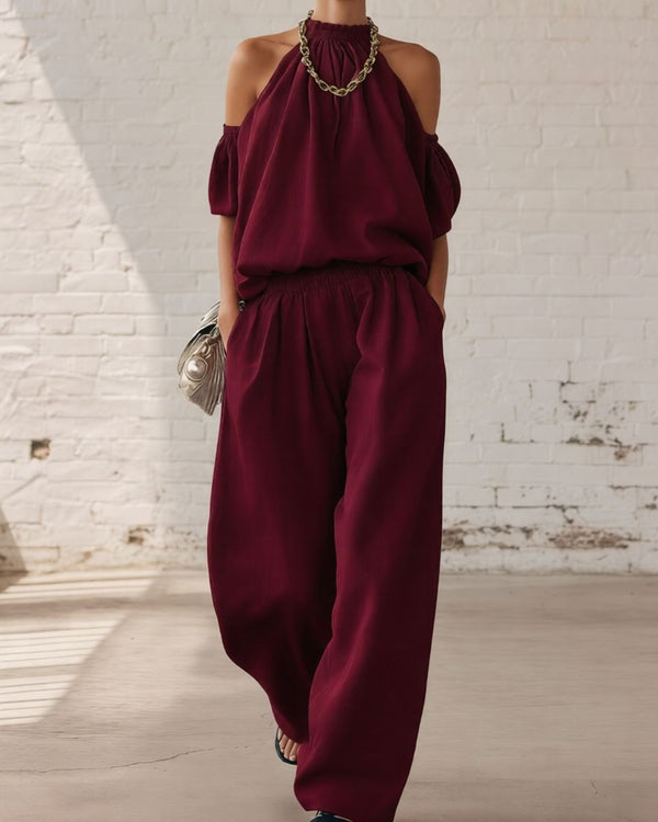Curvvvy™ Folds And Halter Closure Casual Wide Leg Pants Set