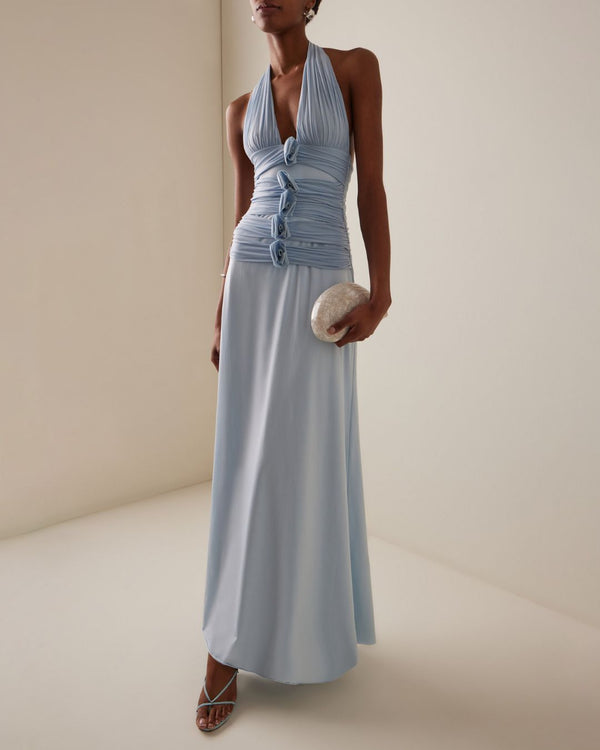 Curvvvy™ Blue Camellia Appliquéd Halterneck Maxi Dress