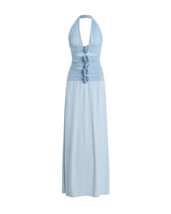 Curvvvy™ Blue Camellia Appliquéd Halterneck Maxi Dress