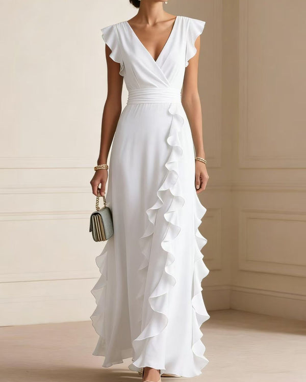 Curvvvy™ Ruffled V Neck Elegant Slit Maxi Dress