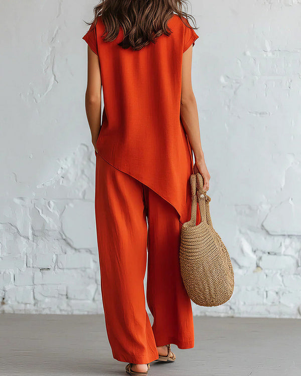 Curvvvy™ Asymmetrical Button Top & Wide-Leg Pants Lounge Set