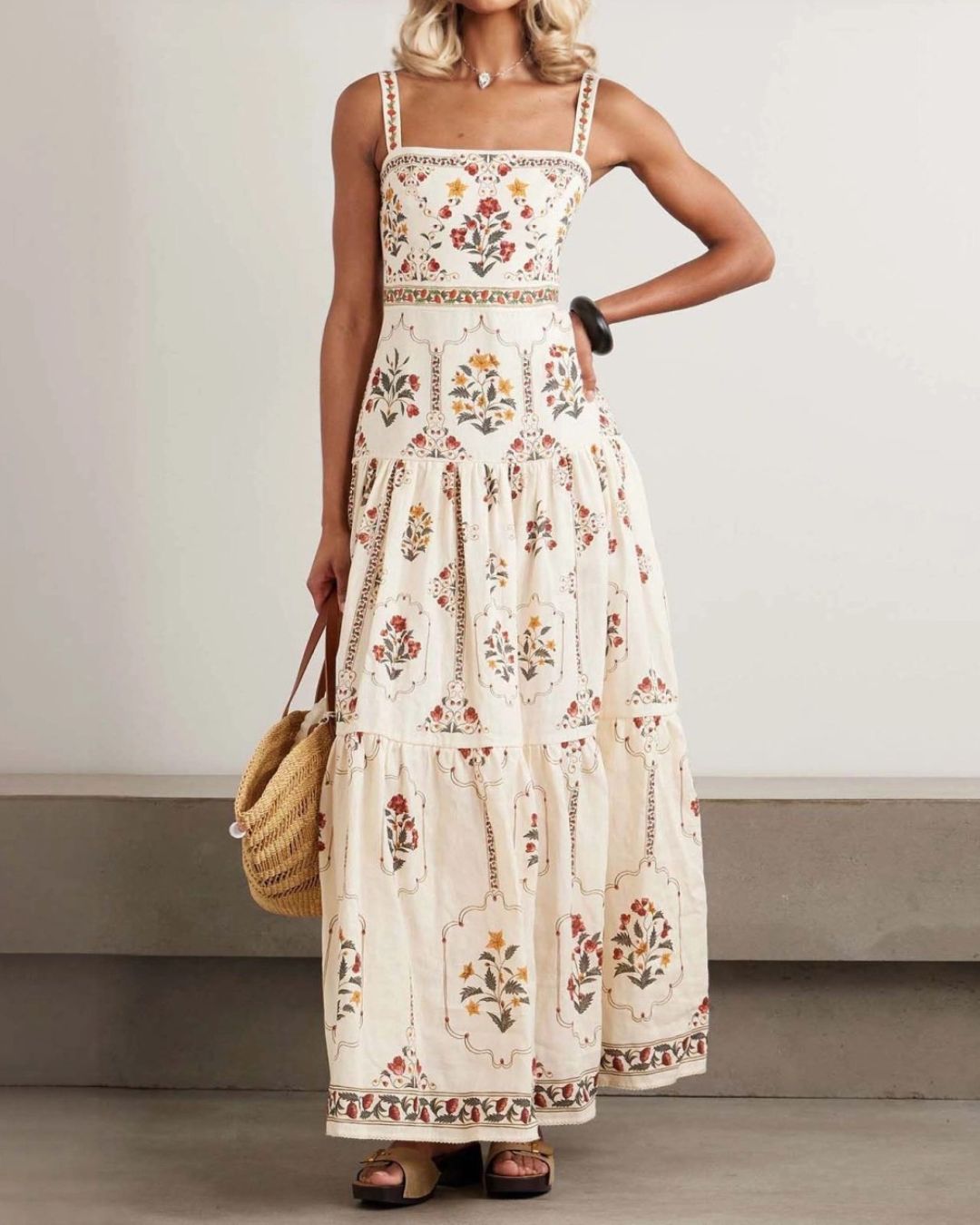 Curvvvy® Manor Tiered Floral-Print Linen Maxi Dress