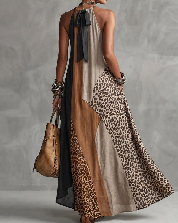 Curvvvy™ Loose Sleeveless Contrast Leopard Pockets Maxi Dresses