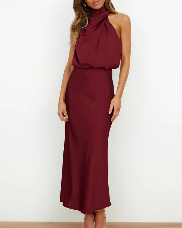 Curvvvy™ Elegant High-Neck Draped Satin Midi Dress