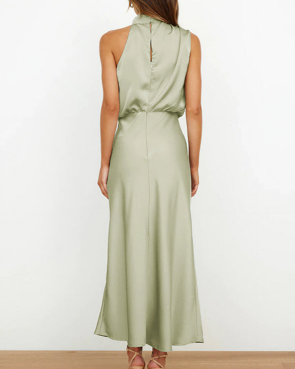 Curvvvy™ Elegant High-Neck Draped Satin Midi Dress