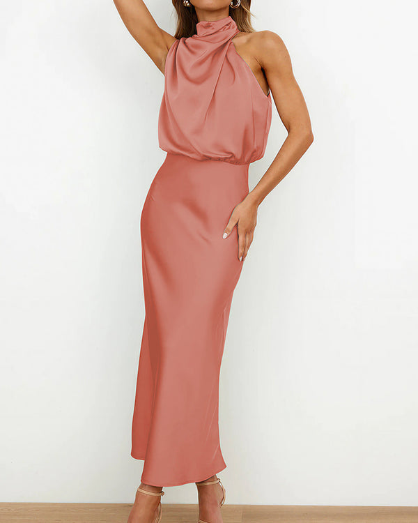 Curvvvy™ Elegant High-Neck Draped Satin Midi Dress