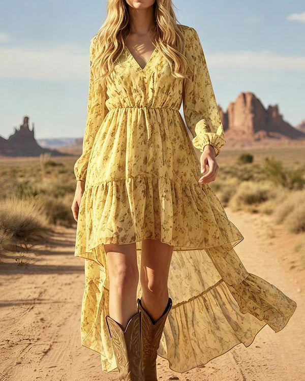 Curvvvy™ Bohemian Floral V-Neck Asymmetrical Maxi Dress