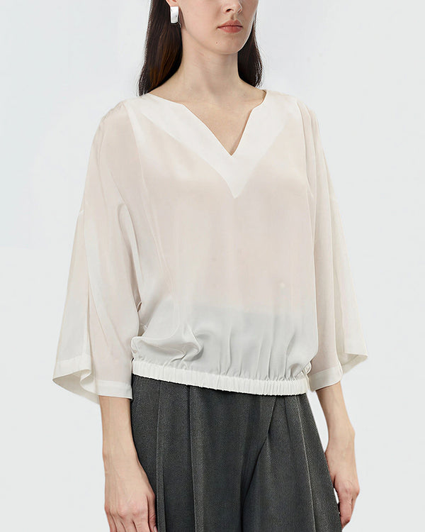 Curvvvy™ Mulberry Silk V-Neck Blouse with Cinched Hem