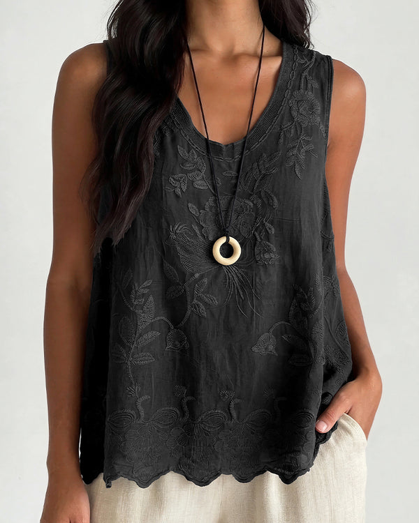 Curvvvy™ Vintage Floral Embroidered Cotton Linen Sleeveless Top