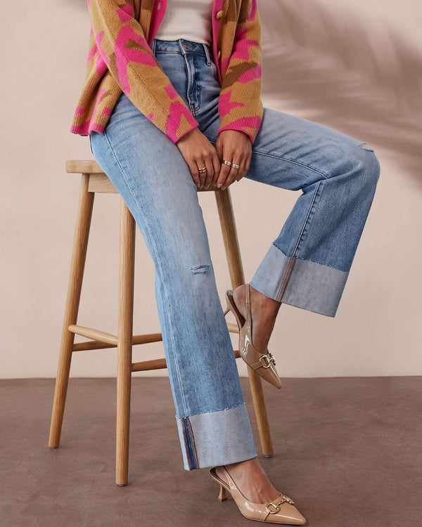 Curvvvy™ Wash Roll Raw Hem HighRise Straight Jeans