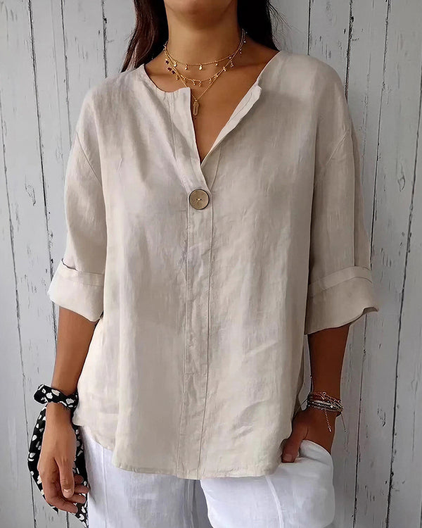 Curvvvy™ Casual V-Neck Cotton Linen Blend Button Down Top