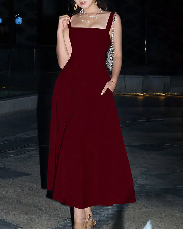 Curvvvy™ Wide Strap Back Tie A-Line Midi Dress With Pockets