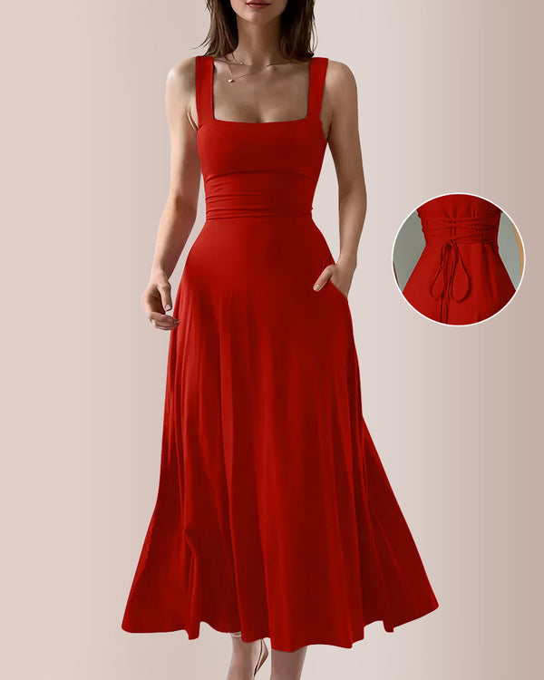 Curvvvy™ Wide Strap Back Tie A-Line Midi Dress With Pockets