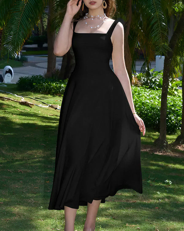 Curvvvy™ Wide Strap Back Tie A-Line Midi Dress With Pockets