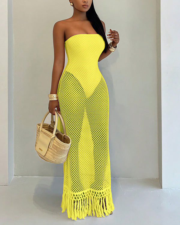 Curvvvy™ Strapless Crochet Hollow Out Fringe Maxi Dress Cover Up
