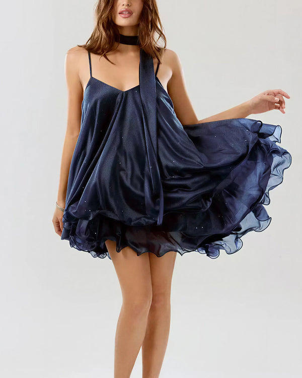 Curvvvy™ Sparkly Mesh V-Neck Slip Mini Dress with Layered Hem