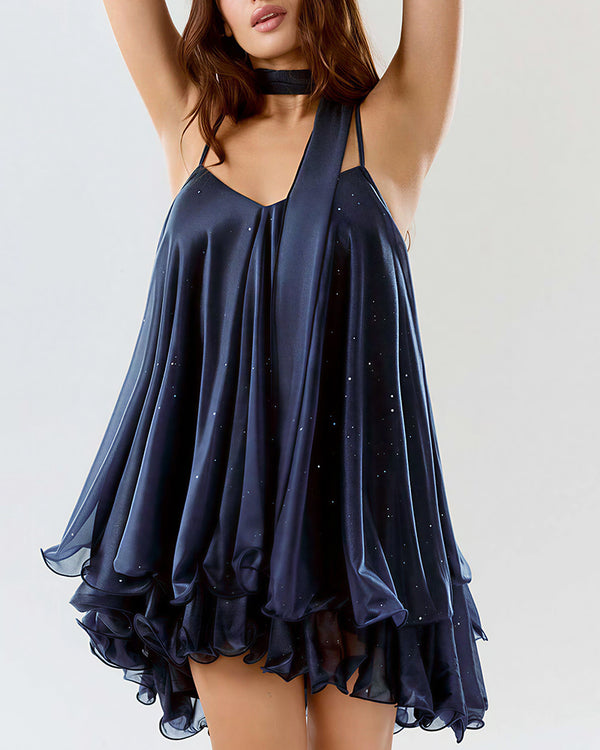 Curvvvy™ Sparkly Mesh V-Neck Slip Mini Dress with Layered Hem