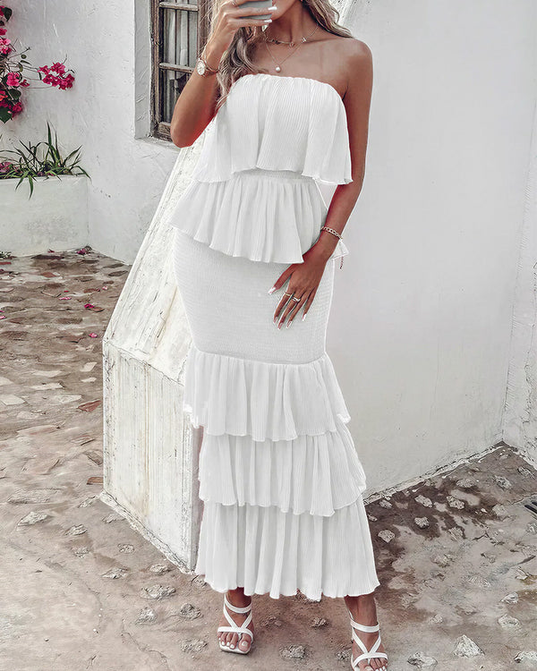Curvvvy™ Strapless Smocked Tiered Ruffle Maxi Dress