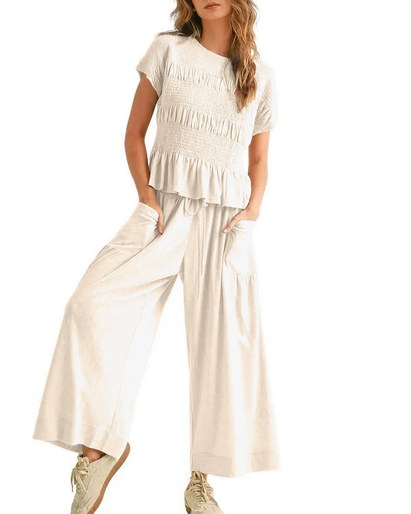 Curvvvy™ Smocked Peplum Top and Wide Leg Pants Two-Piece Set