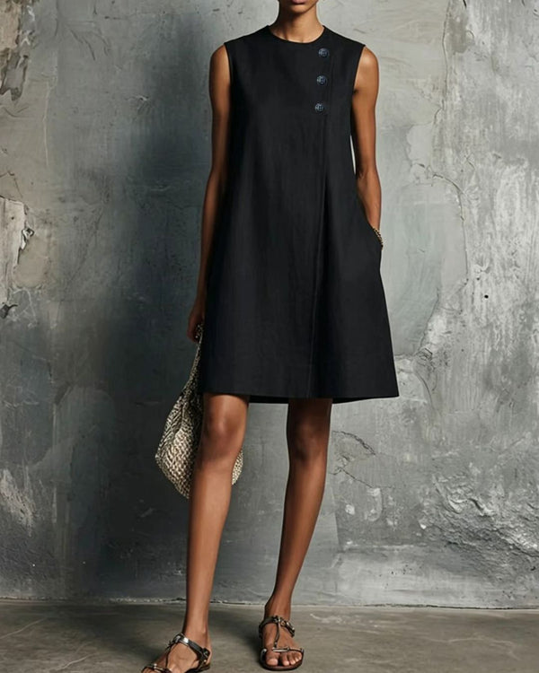 Curvvvy™ Commuter Round Neck Buttons Mini Dress