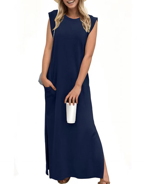 Curvvvy™ Lässiges ärmelloses Maxikleid mit Schlitz und Taschen