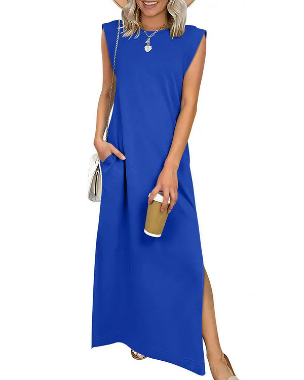 Curvvvy™ Lässiges ärmelloses Maxikleid mit Schlitz und Taschen