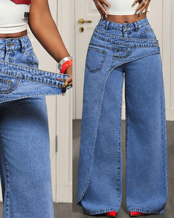 Curvvvy™ Jeans a Gamba Larga con Bottoni e Tasca Asimmetrica
