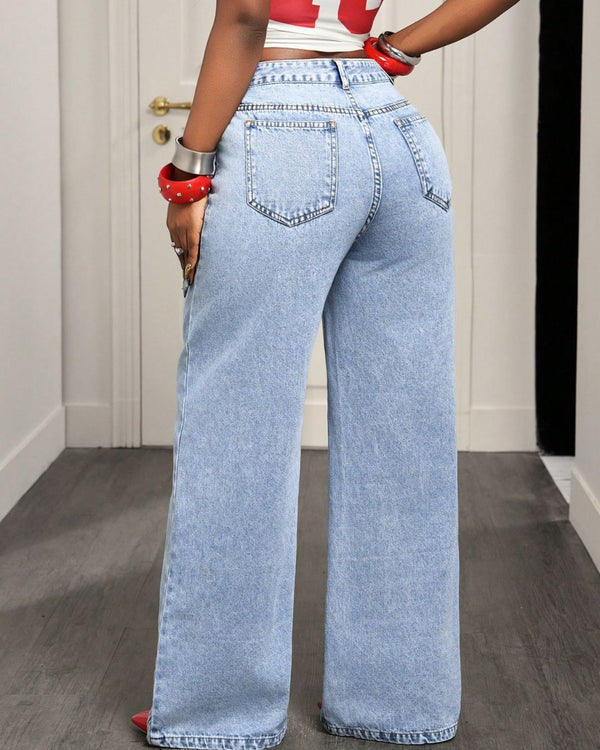 Curvvvy™ Jeans a Gamba Larga con Bottoni e Tasca Asimmetrica
