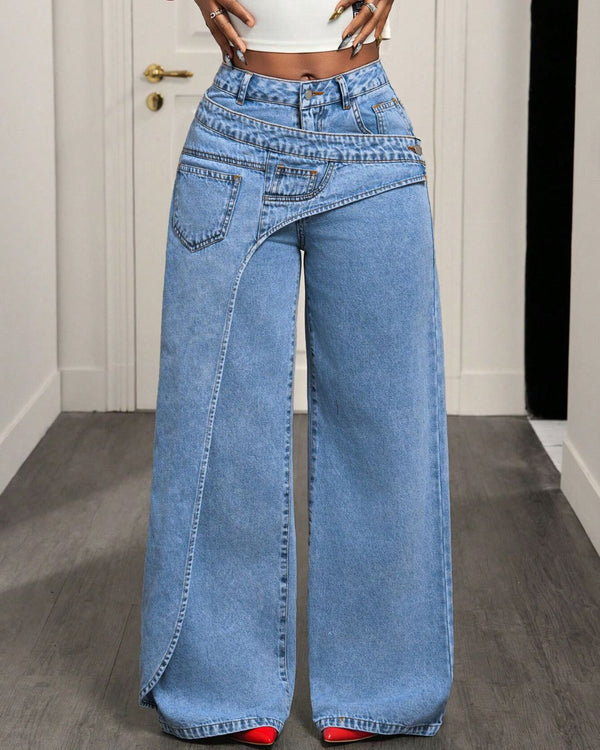 Curvvvy™ Jeans a Gamba Larga con Bottoni e Tasca Asimmetrica