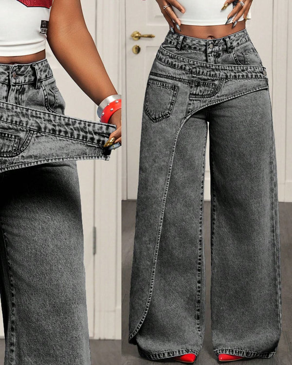 Curvvvy™ Jeans a Gamba Larga con Bottoni e Tasca Asimmetrica