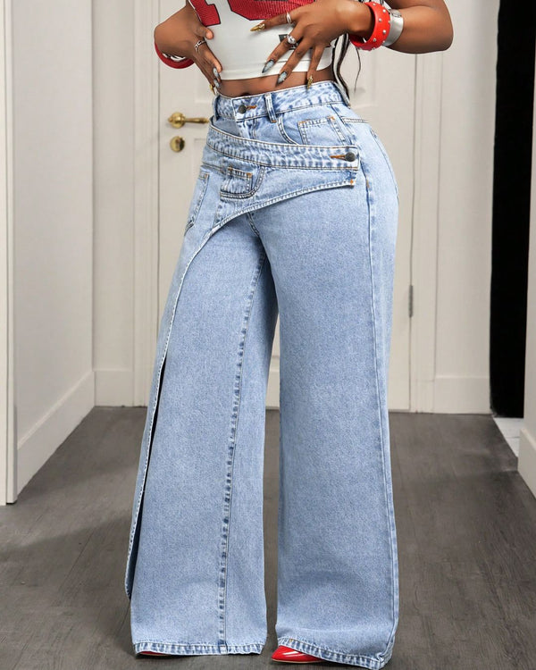 Curvvvy™ Jeans a Gamba Larga con Bottoni e Tasca Asimmetrica