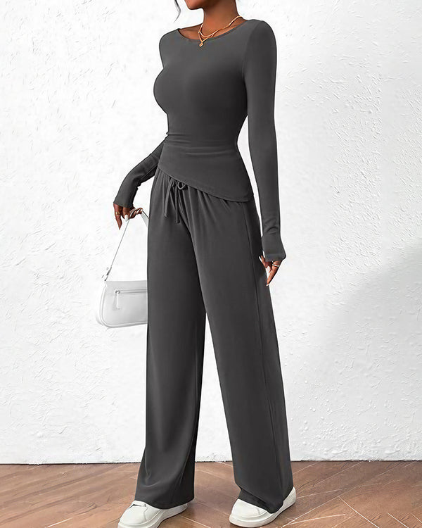 Curvvvy™ Completo Loungewear Top Asimmetrico Maniche Lunghe & Pantaloni a Gamba Larga