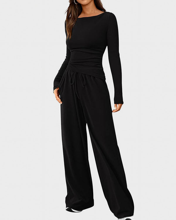Curvvvy™ Completo Loungewear Top Asimmetrico Maniche Lunghe & Pantaloni a Gamba Larga