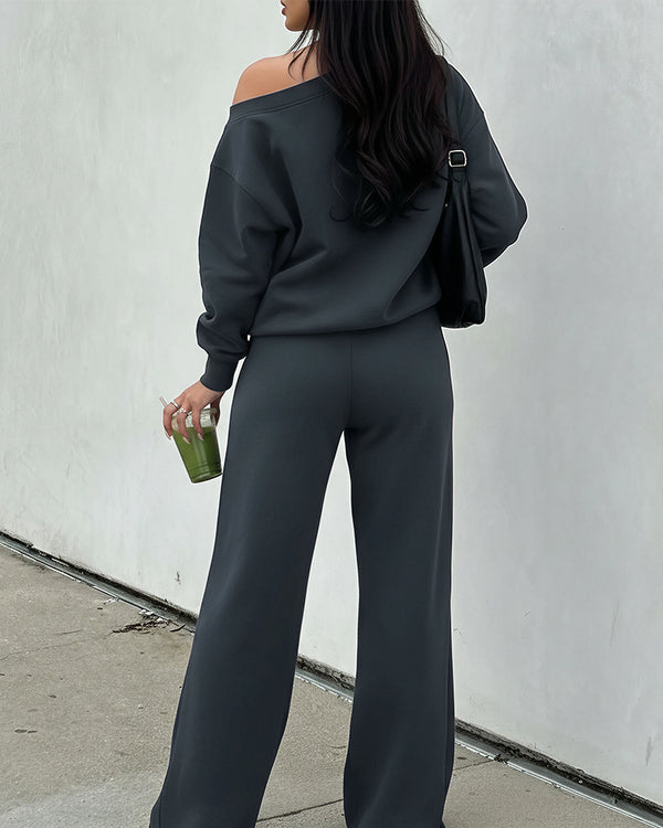 Curvvvy™ Loungewear-Set aus asymmetrischem Langarmoberteil und weiter Hose