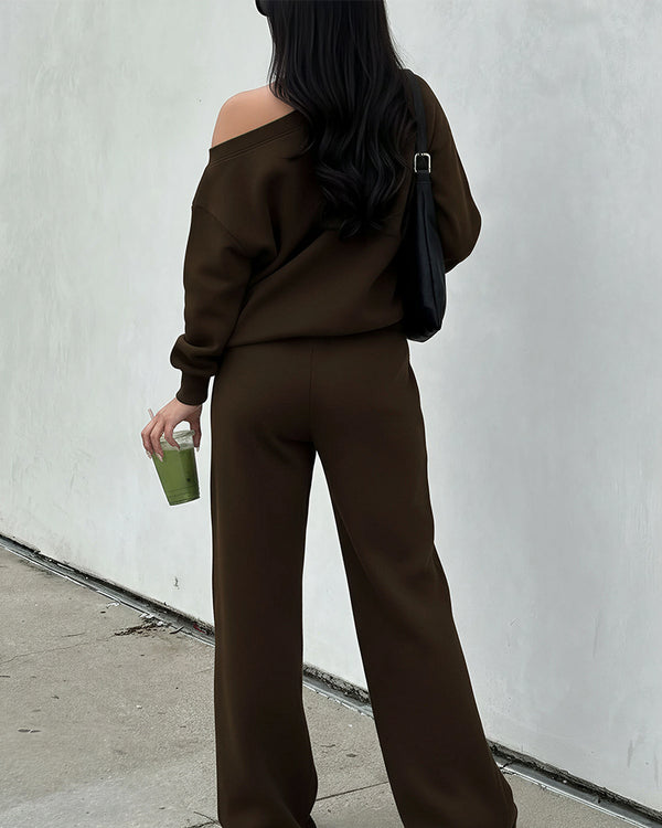 Curvvvy™ Loungewear-Set aus asymmetrischem Langarmoberteil und weiter Hose