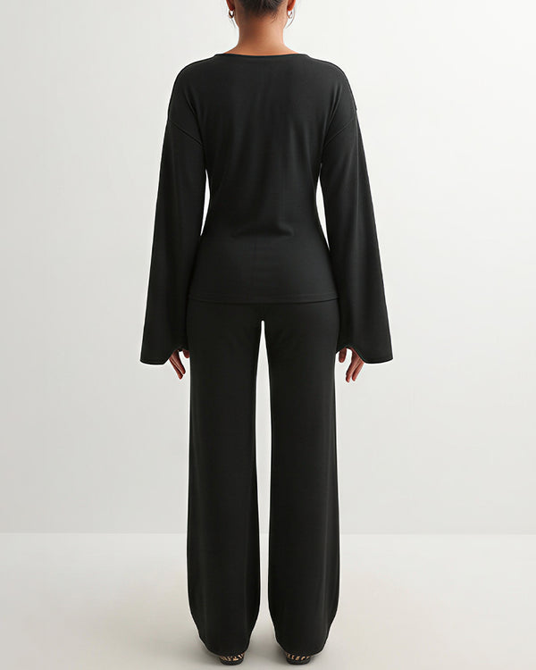 Curvvvy™ Loungeset mit langärmligem Crop-Top und ausgestellten Leggings