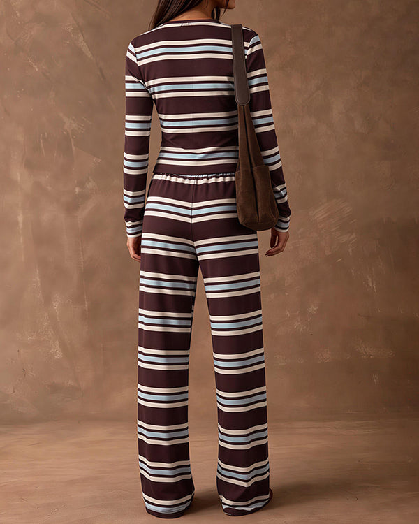 Curvvvy™ Cozy Vintage Striped Button-Up & Pant Set