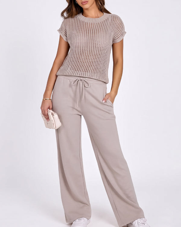 Curvvvy™ Open-Knit Lounge Set | Wide Leg Pants & Short Sleeve Top