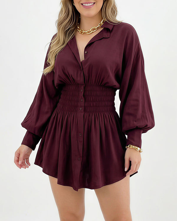 Curvvvy™ Cinched Waist Long Sleeve Button-Down Shirt Dress