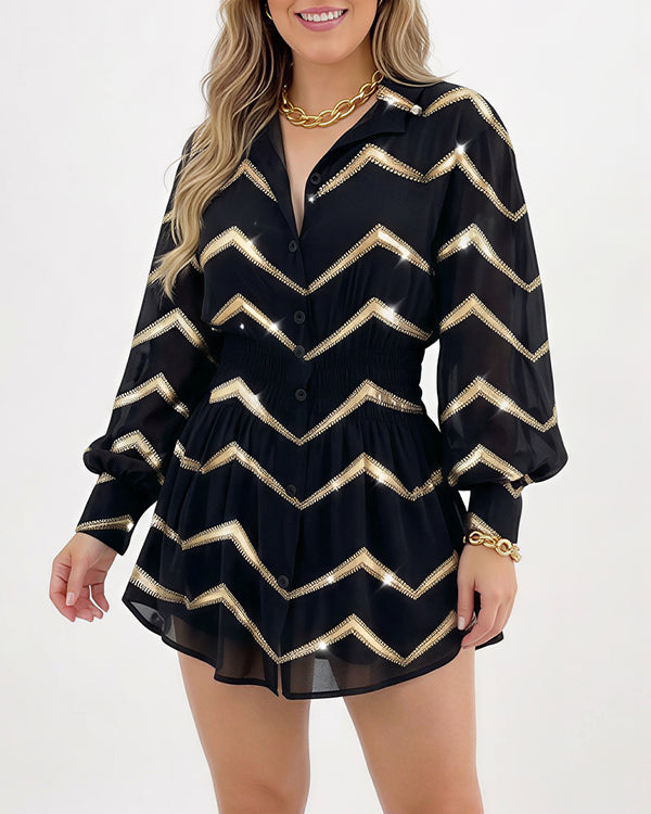 Curvvvy™ Cinched Waist Long Sleeve Button-Down Shirt Dress