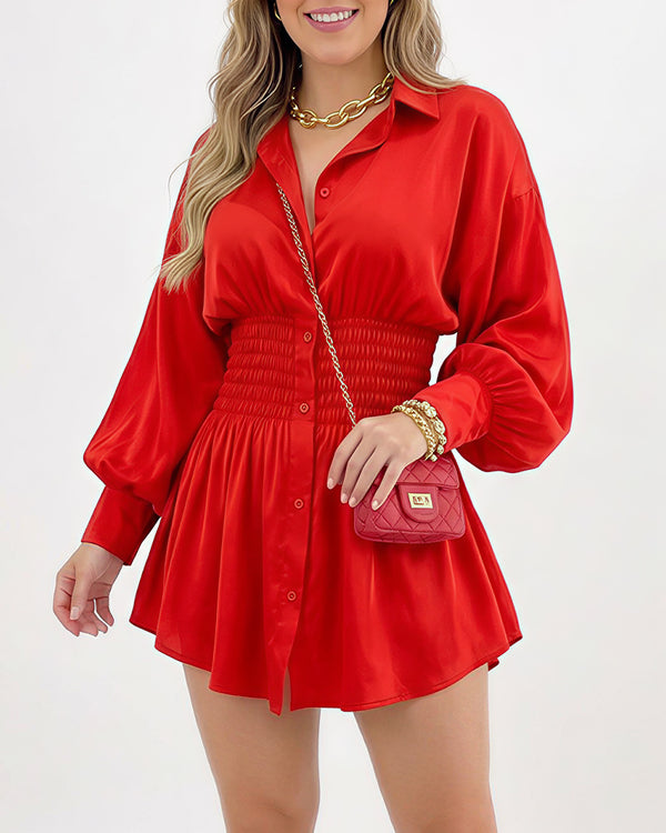 Curvvvy™ Cinched Waist Long Sleeve Button-Down Shirt Dress