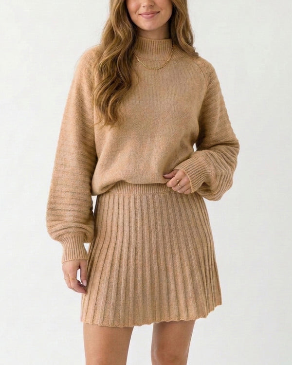 Curvvvy™ Chunky Knit Sweater & Pleated Mini Skirt Two-Piece Set