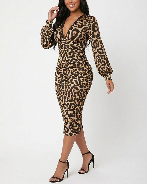 Curvvvy™ Leopard Print V-Neck Midi Dress