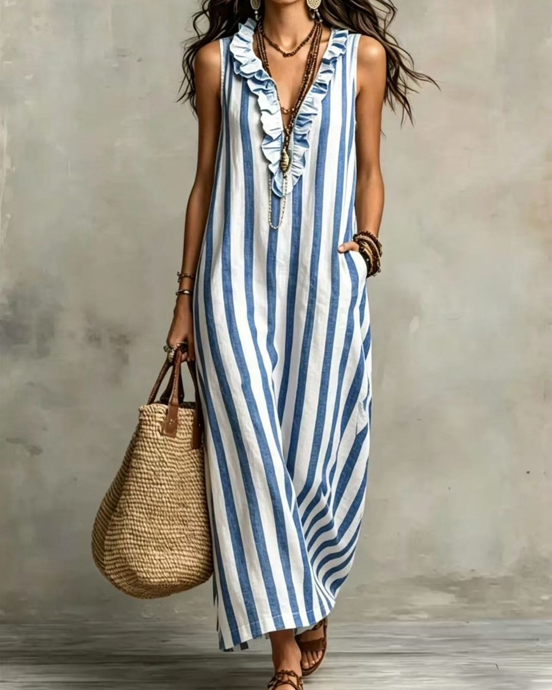 Curvvvy™ Stripe Ruffle V-Neck Pocket Dress