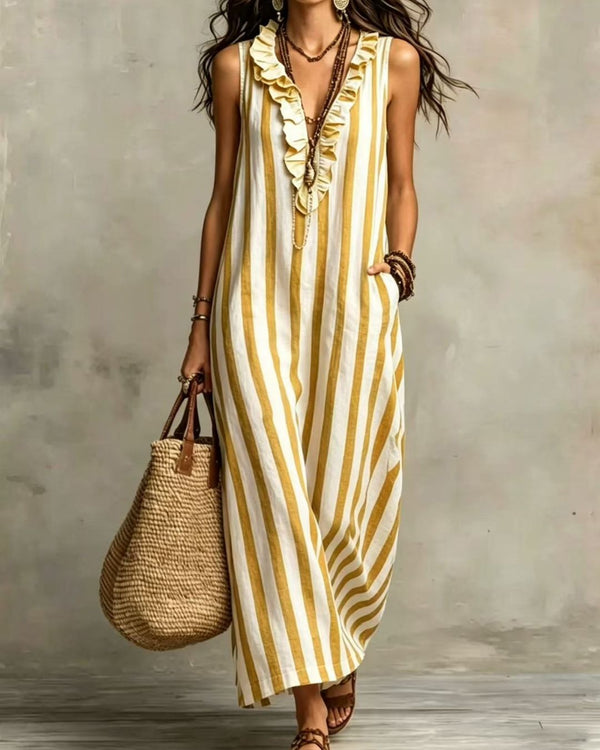 Curvvvy™ Stripe Ruffle V-Neck Pocket Dress