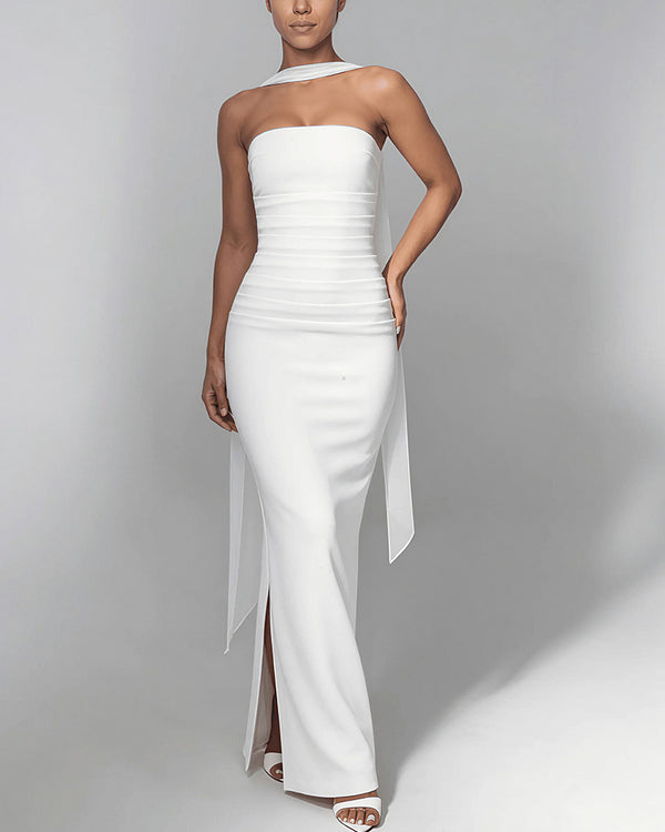 Curvvvy™ Ruched Strapless Bodycon Maxi Dress with Ethereal Mesh Scarf