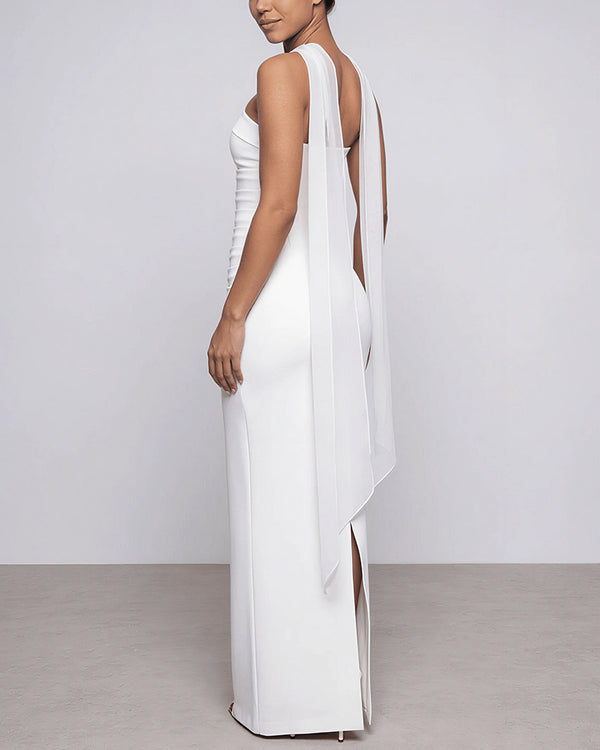 Curvvvy™ Ruched Strapless Bodycon Maxi Dress with Ethereal Mesh Scarf