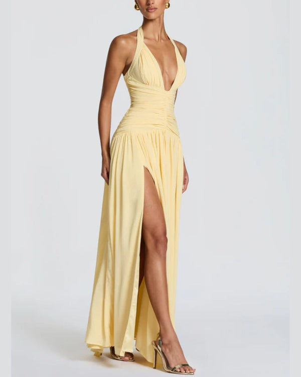 Curvvvy™ Halter High Slit Waist-Cinching Maxi Dress